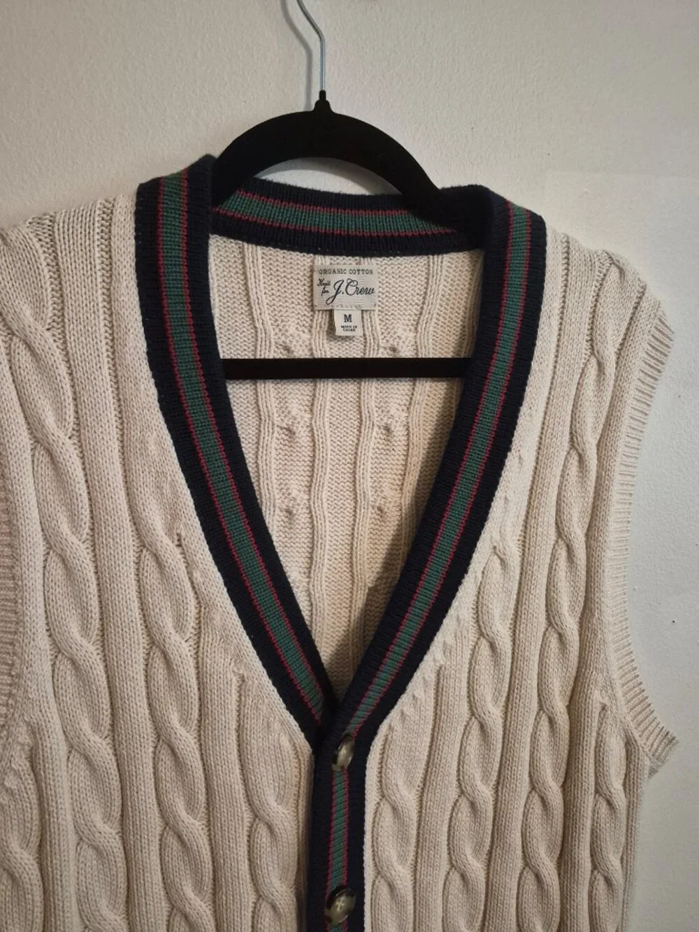 J Crew Organic Cotton Grandpa Core Cable Knit V-Neck Cardigan Vest